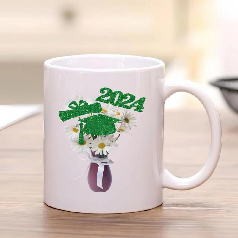 Tailorly White Ceramic 11 oz Mug - 2024 Shimmering Green Mortarboard With Diploma Resting Inside A Floral Daisy Vase