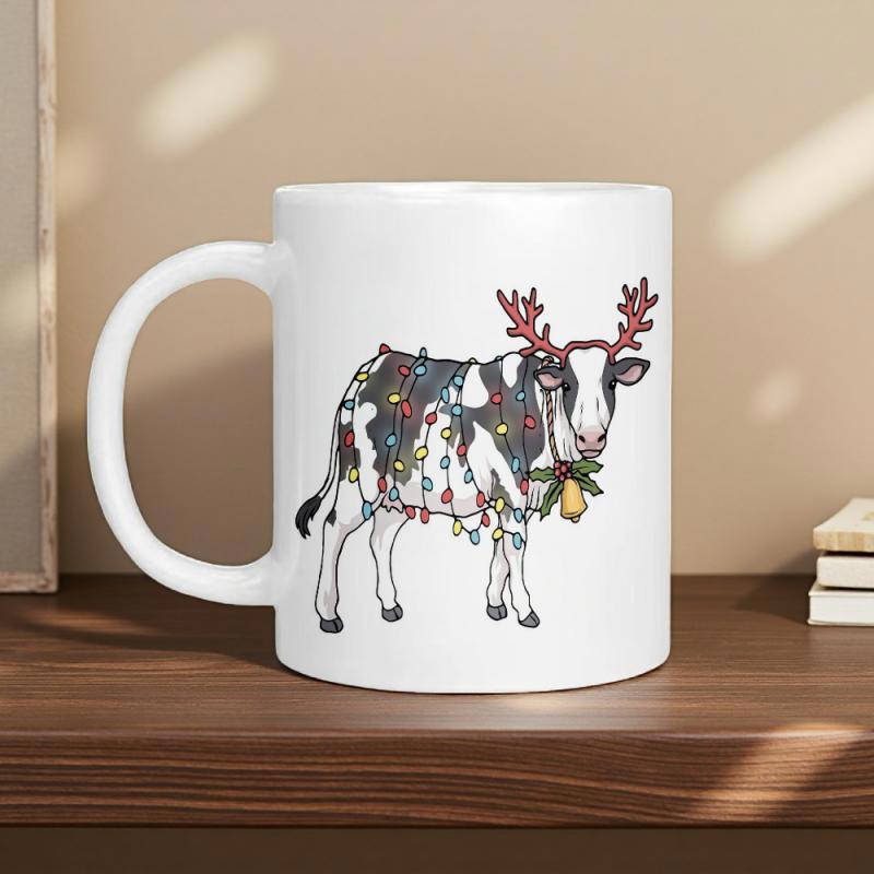 Tailorly White Ceramic 11 oz Mug - Festive Holstein Cow Wearing Reindeer Antlers Wrapped In Colorful Twinkling Lights Cow