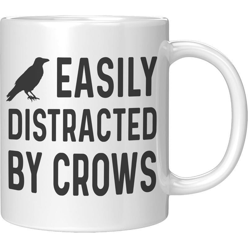 Tailorly White Ceramic 11 oz Mug - Easily Distracted By Crows Simple Black Crow Silhouette Perched Calmly Within A Minimalist Artistic Style Crow