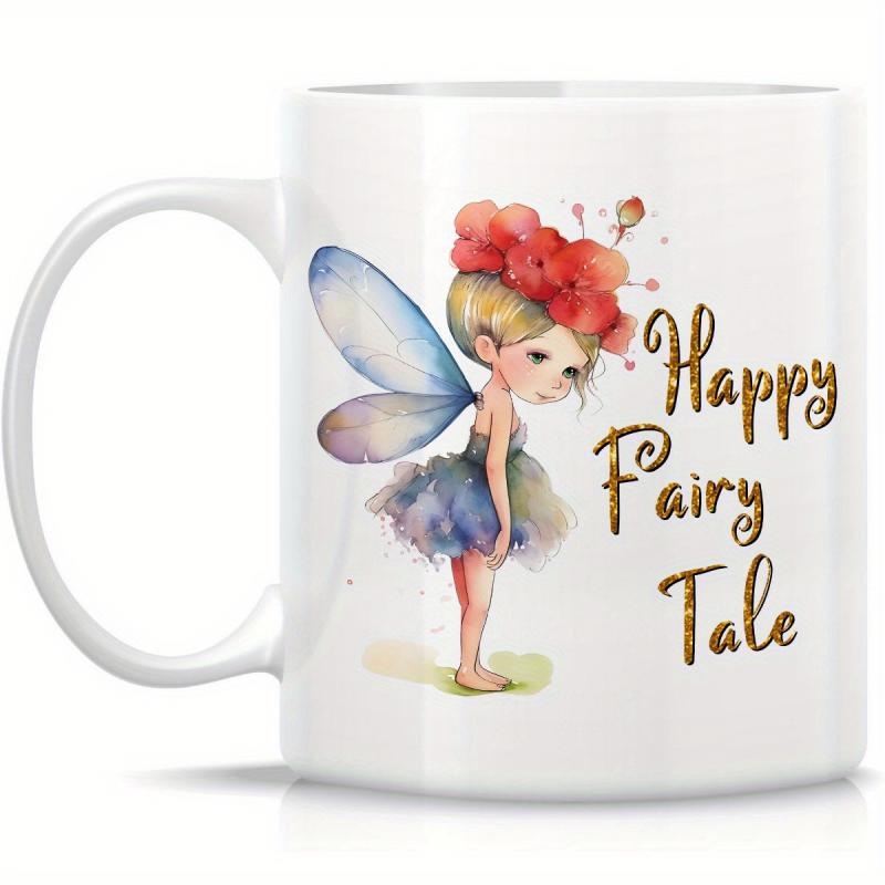 Tailorly White Ceramic 11 oz Mug - Happy Fairy Tale Delicate Watercolor Sprite With Blue Wings And Vibrant Red Flowers Fairy