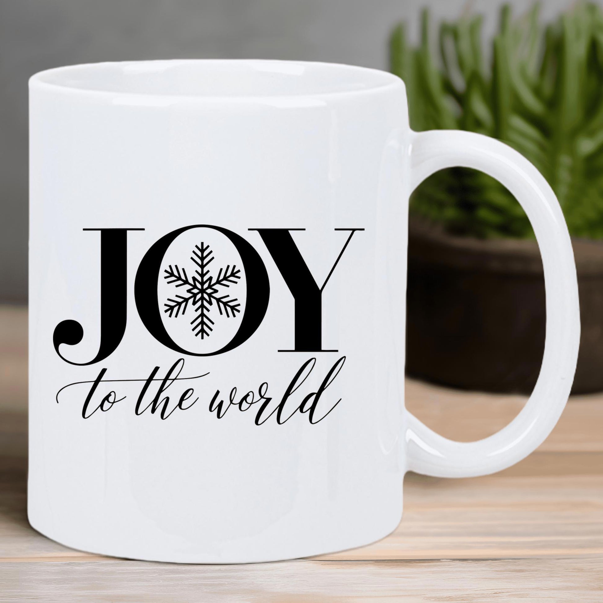 Tailorly White Ceramic 11 oz Mug - Joy To The World Minimalist Black Snowflake Resting Inside Large Bold Decorative Lettering Mug