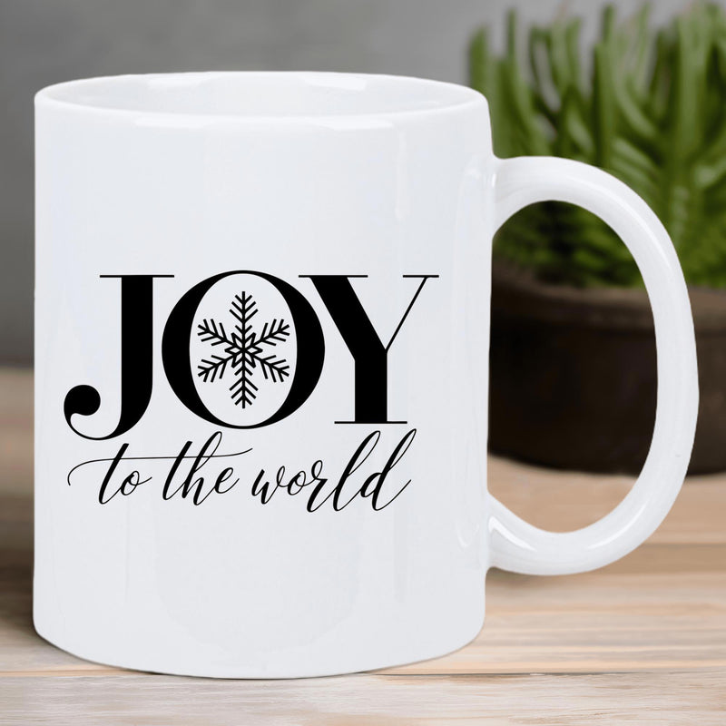 Tailorly White Ceramic 11 oz Mug - Joy To The World Minimalist Black Snowflake Resting Inside Large Bold Decorative Lettering Mug