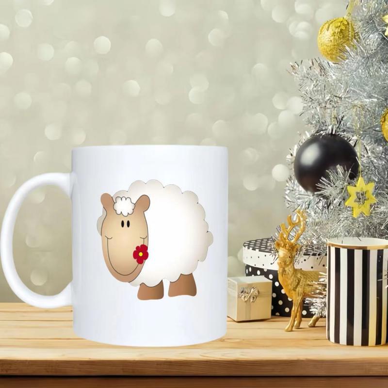Tailorly White Ceramic 11 oz Mug - Fluffy White Woolly Animal With A Small Red Flower In Mouth Sheep