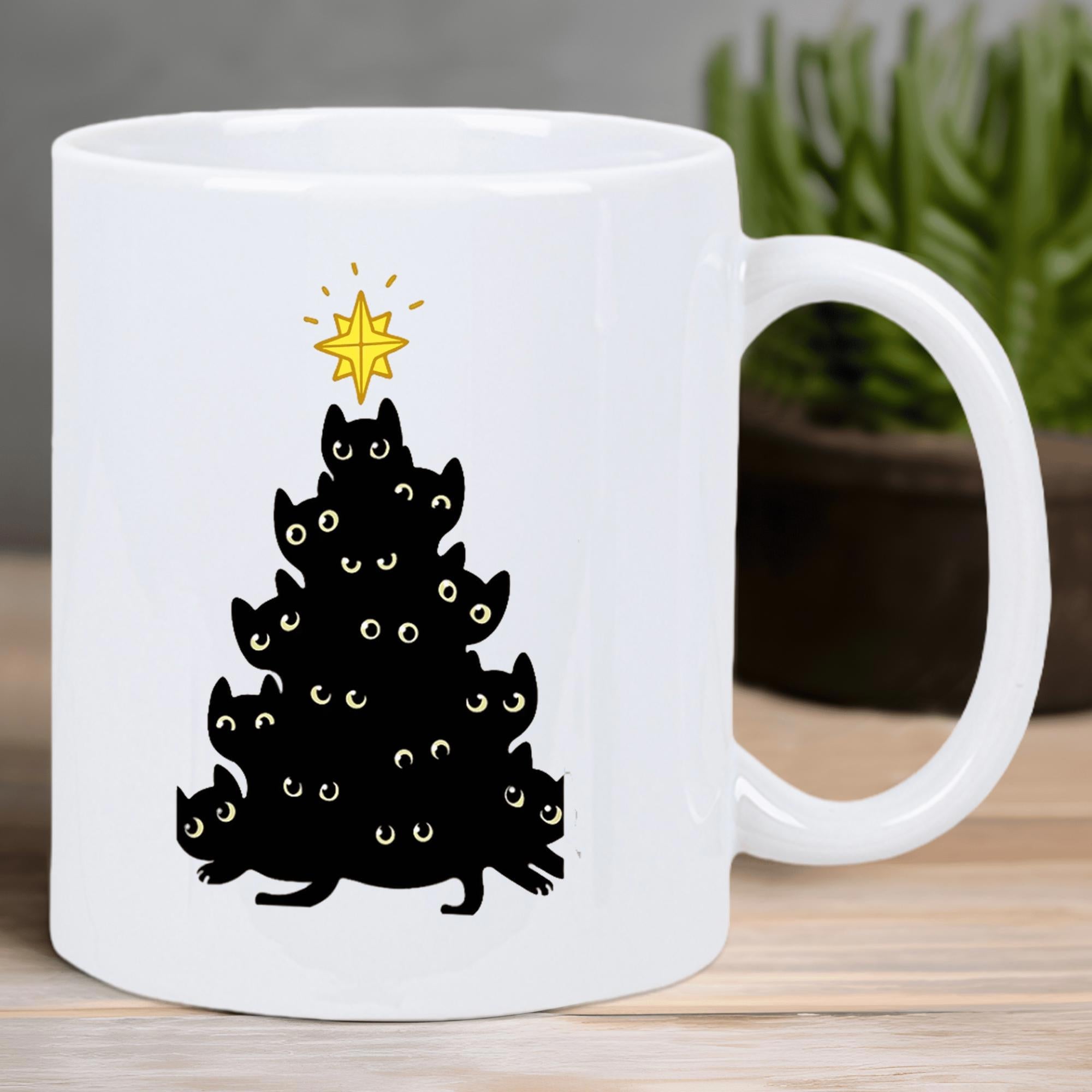 Tailorly White Ceramic 11 oz Mug - Silhouetted Black Cats Stacked In A Triangular Shape With Shining Golden Star Christmas Tree