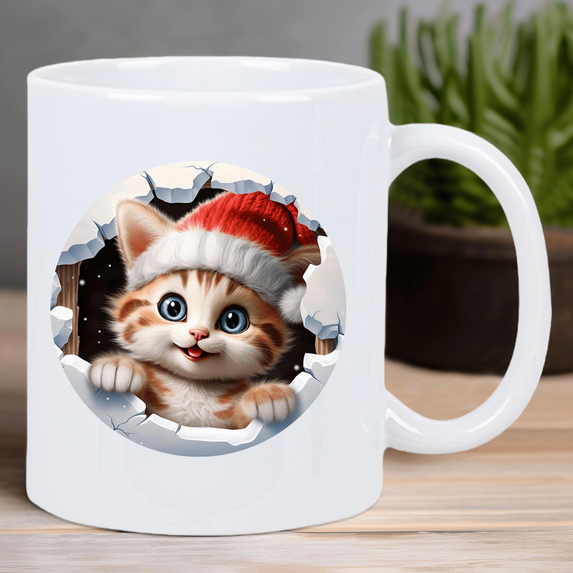 Tailorly White Ceramic 11 oz Mug - Festive Ginger Tabby Wearing Red Santa Hat Peeking Out Of Cracked Hole Kitten