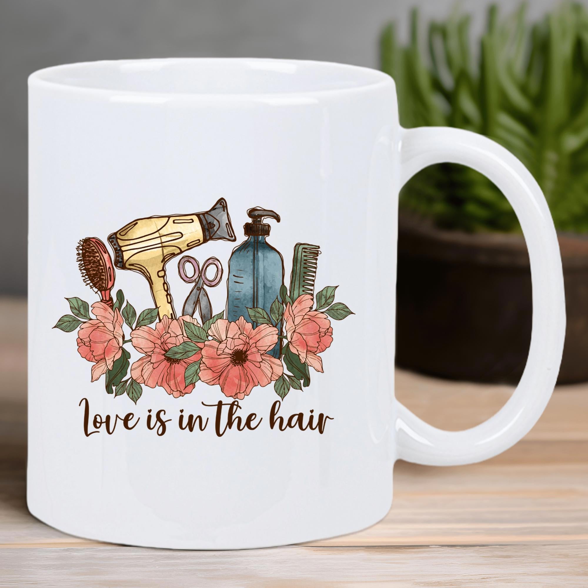 Tailorly White Ceramic 11 oz Mug - Love Is In The Hair Professional Salon Tools Featuring Scissors And Hair Dryer Among Blooming Pink Floral Mug
