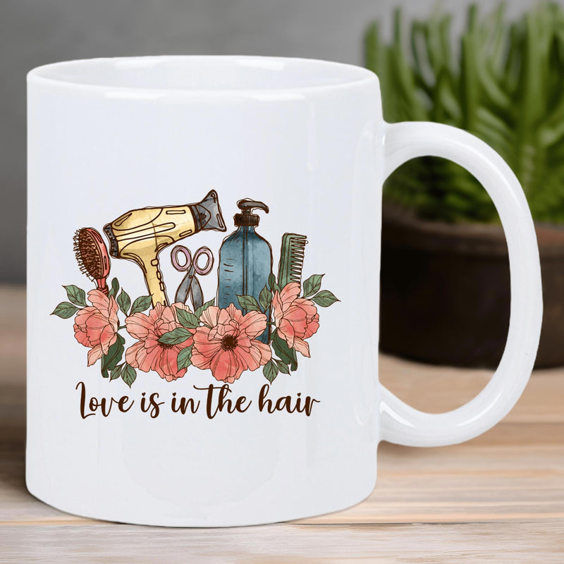 Tailorly White Ceramic 11 oz Mug - Love Is In The Hair Professional Salon Tools Featuring Scissors And Hair Dryer Among Blooming Pink Floral Mug