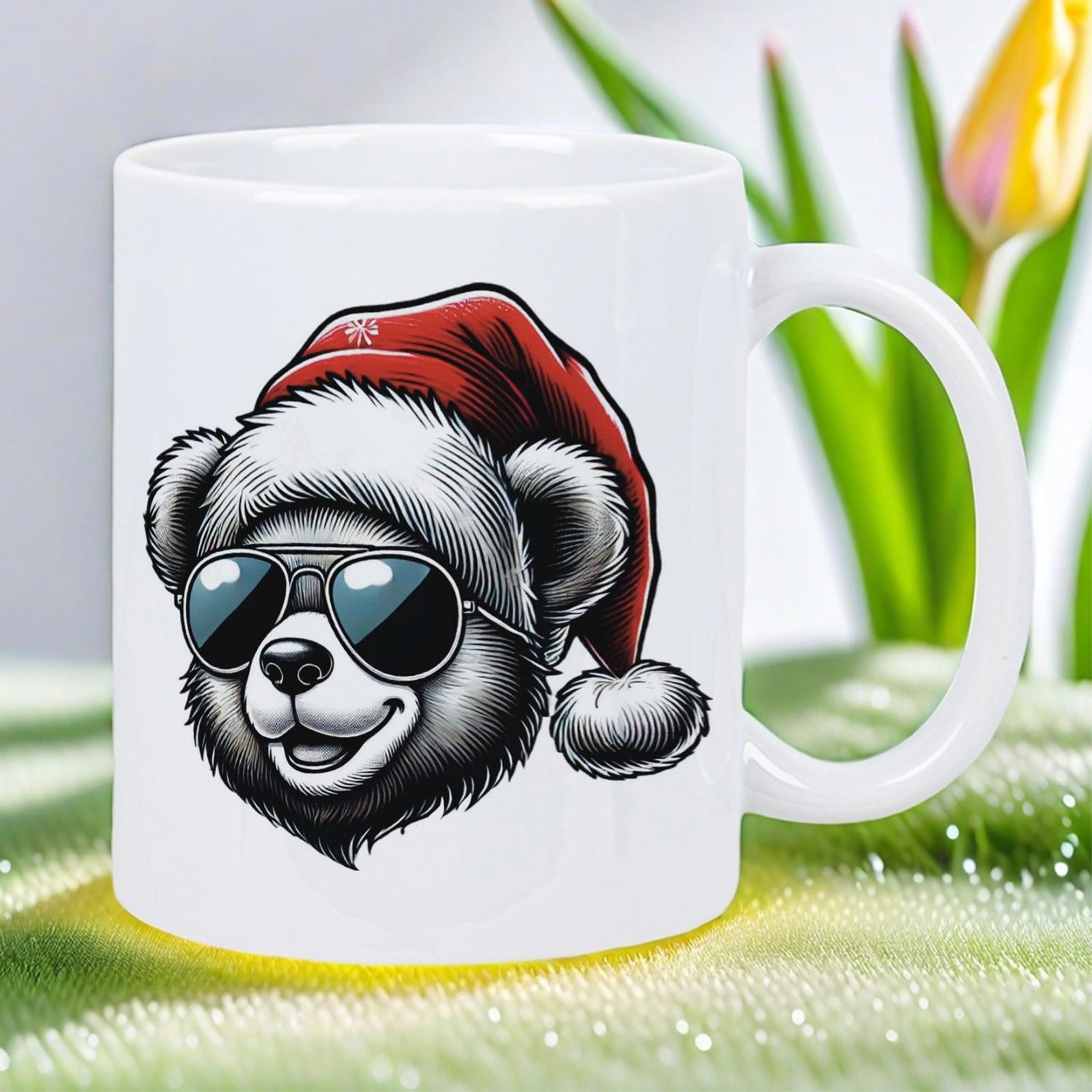 Tailorly White Ceramic 11 oz Mug - Cool Stylized Christmas Animal Wearing Red Santa Hat And Sunglasses Bear