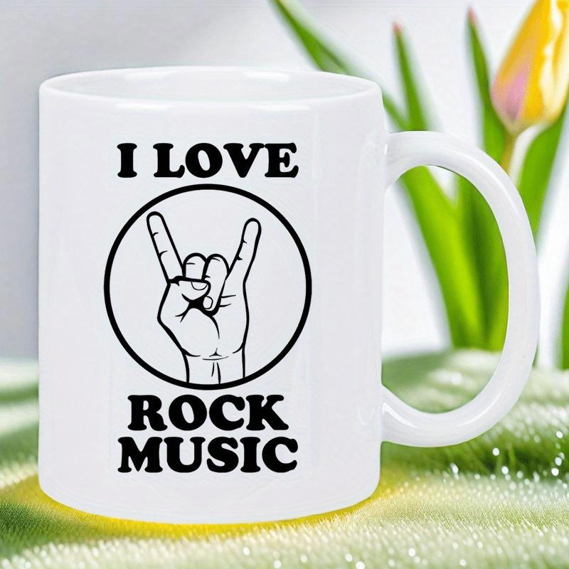 Tailorly White Ceramic 11 oz Mug - I Love Rock Music Bold Silhouette Design Depicting Iconic Metal Rock Horns Sign Hand