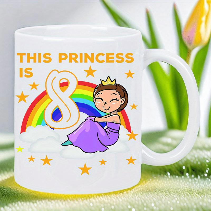 Tailorly White Ceramic 11 oz Mug - This Princess Is Adorable Cartoon Girl Sitting Before Colorful Rainbow And Glowing Stars Princess