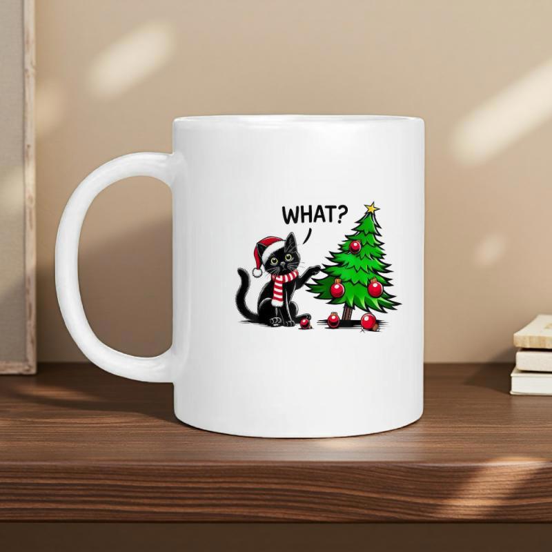 Tailorly White Ceramic 11 oz Mug - What Festive Black Cat Wearing Santa Hat Beside Small Decorated Green Christmas Cat