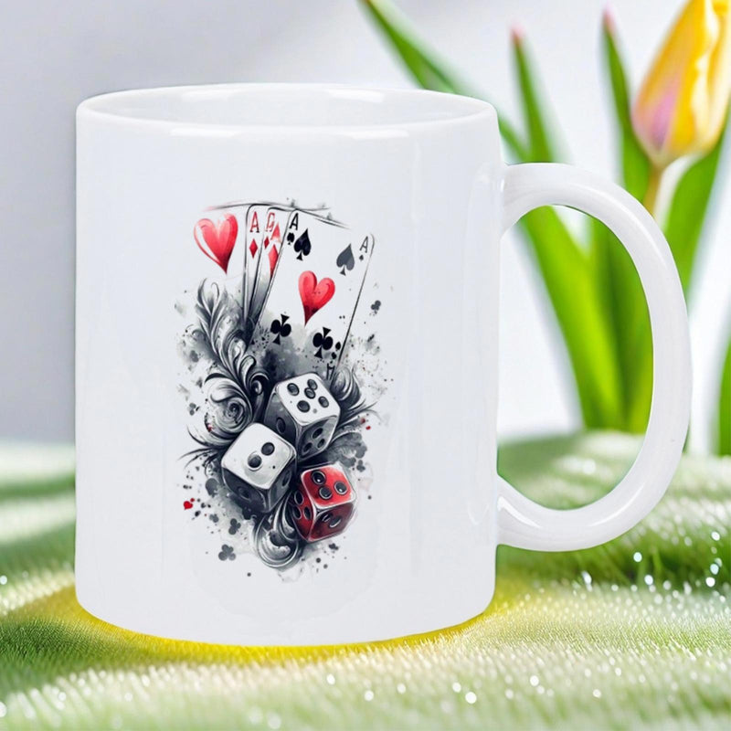 Tailorly White Ceramic 11 oz Mug - Artistic Playing Cards And Rolling Dice Set Among Smoke Swirls Dice