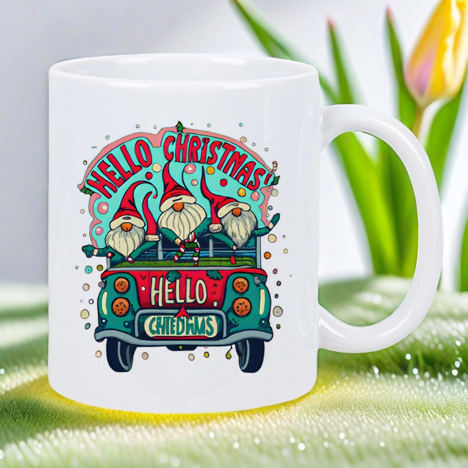 Tailorly White Ceramic 11 oz Mug - Hello Christmas Three Festive Holiday Gonks Riding A Vintage Red Truck Gnomes