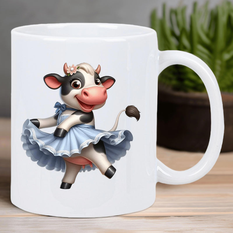 Tailorly White Ceramic 11 oz Mug - Adorable Spotted Cow Dancing In Elegant Blue Ruffled Tutu Dress Cow