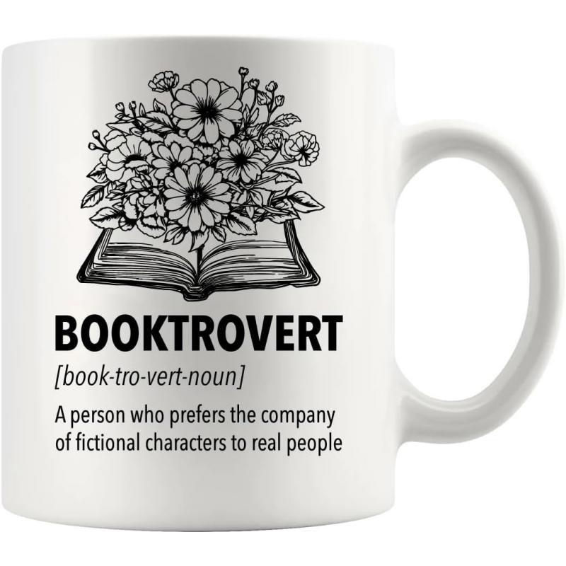 Tailorly White Ceramic 11 oz Mug - Booktrovert Definition Hand Drawn Sketch Of Blooming Flowers Within Open Pages Book
