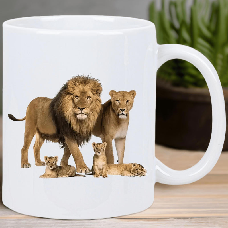 Tailorly White Ceramic 11 oz Mug - Wild Animal Family Standing Proudly Under The Golden Bright Sunlight Lion
