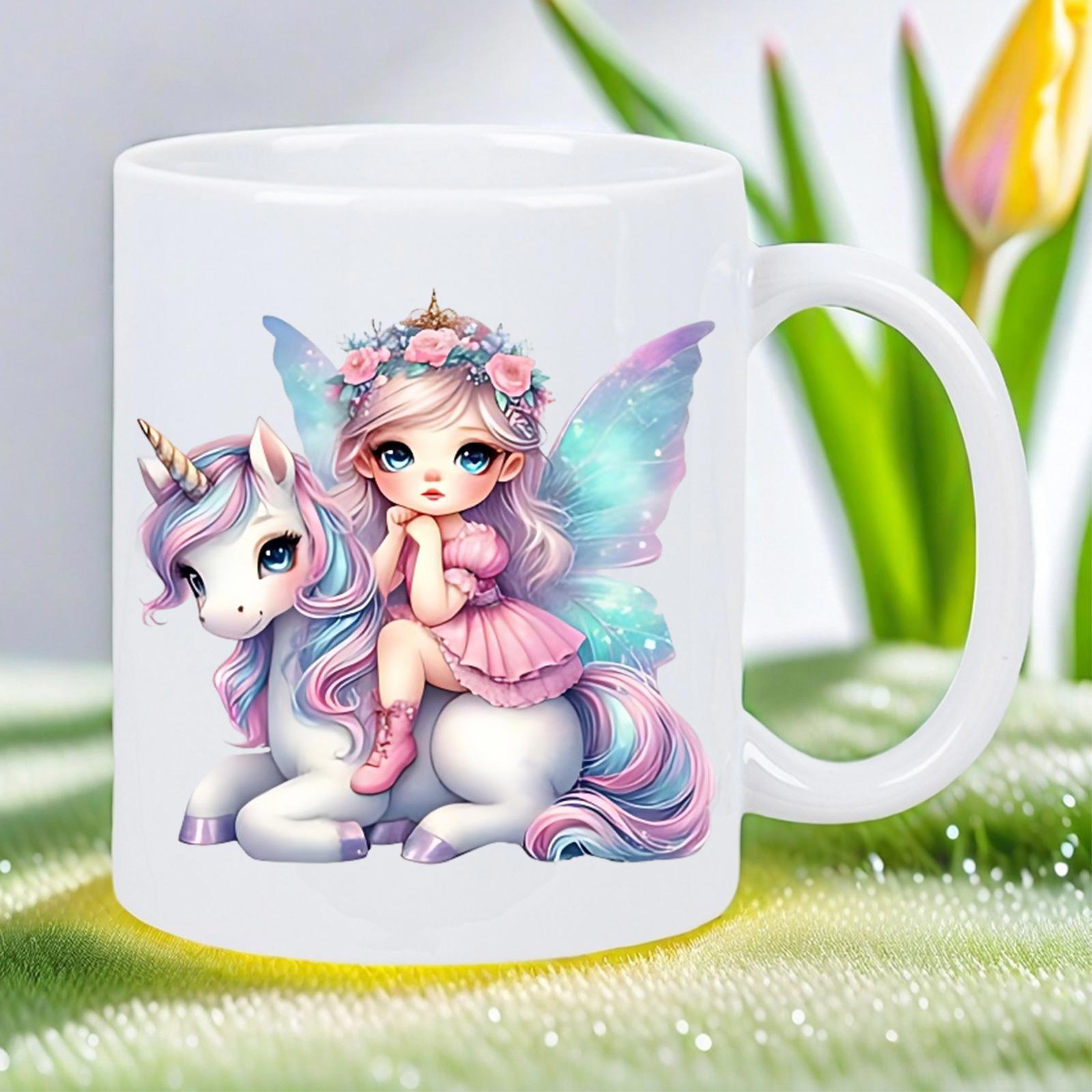 Tailorly White Ceramic 11 oz Mug - Little Fairy With Shimmering Wings Sitting On A Magical Pastel Rainbow Unicorn