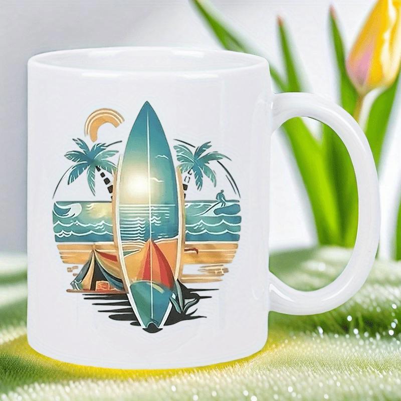 Tailorly White Ceramic 11 oz Mug - Vintage Tropical Beach Scene With Palm Trees And Tents Behind A Colorful Surfboard