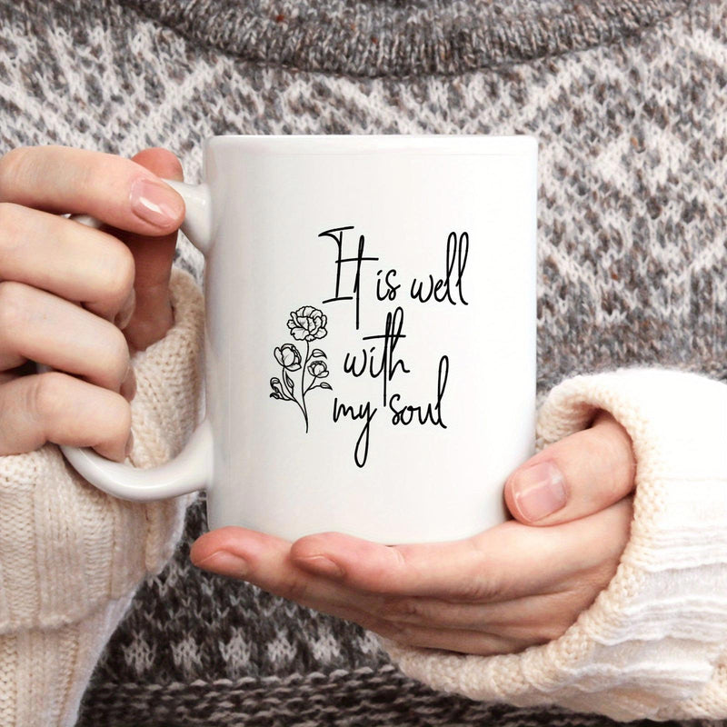 Tailorly White Ceramic 11 oz Mug - It Is Well With My Soul Minimalist Black Line Drawing Featuring A Delicate Blooming Rose Floral Flower