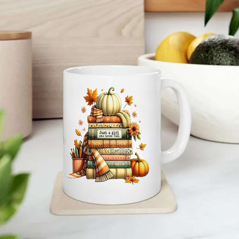 Tailorly White Ceramic 11 oz Mug - Just A Girl Who Loves Fall Cozy Autumn Elements With Pumpkins And Leaves Resting Over Stacked Books