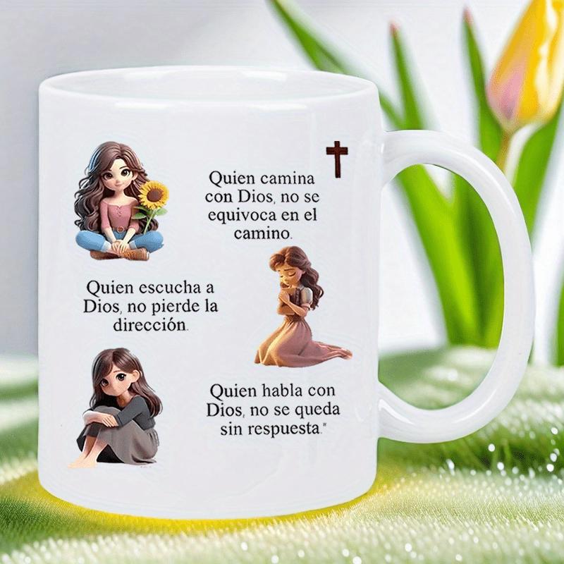 Tailorly White Ceramic 11 oz Mug - Animated Young Girls Praying And Reflecting In Various Poses With Flower Girl