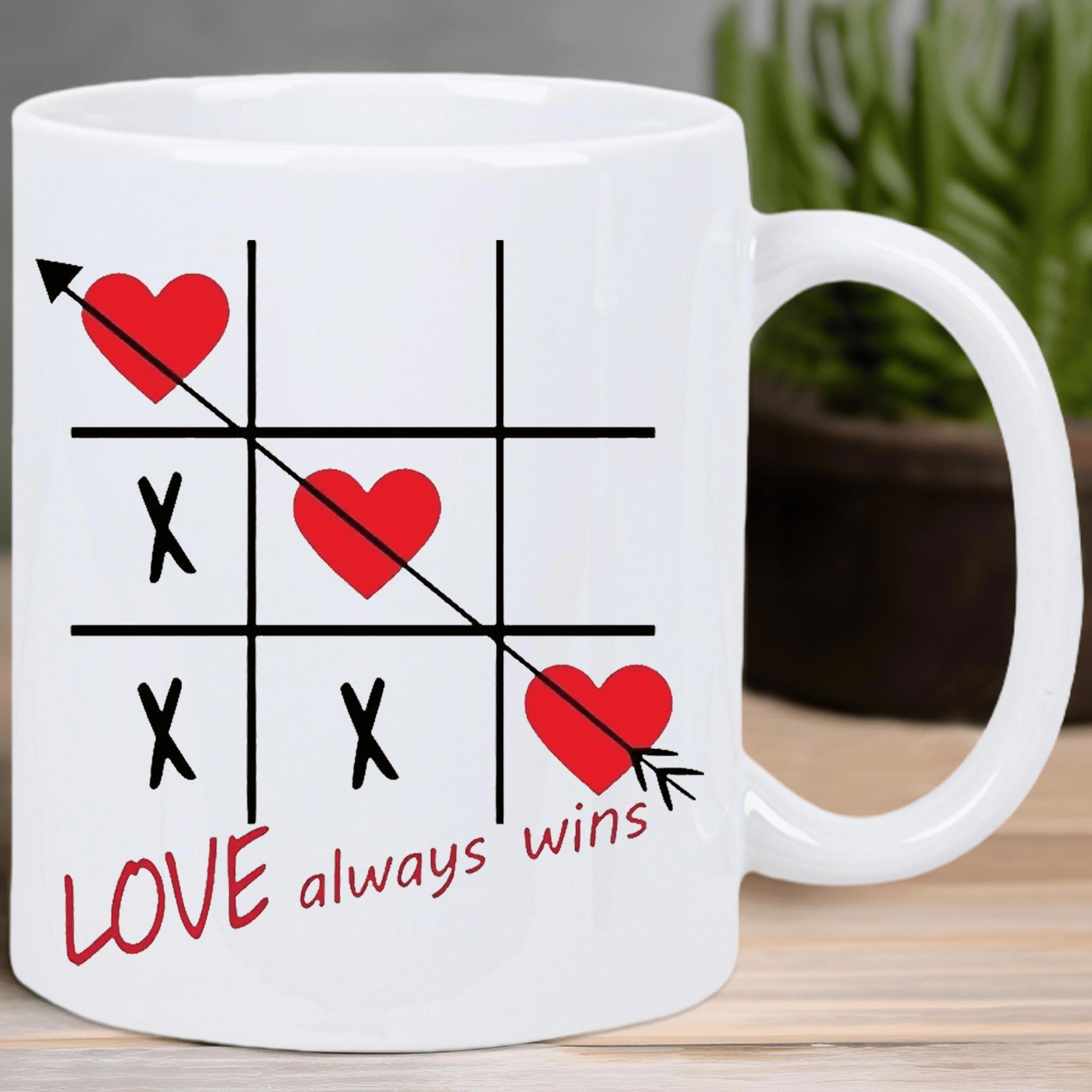 Tailorly White Ceramic 11 oz Mug - Love Always Wins Romantic Tic Tac Toe Game With Three Hearts Aligned Under Arrow Heart
