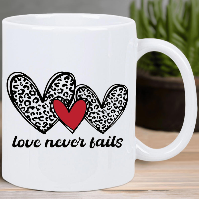 Tailorly White Ceramic 11 oz Mug - Love Never Fails Leopard Print Hearts And Solid Red Heart Floating Together Artistic Elegant Heart