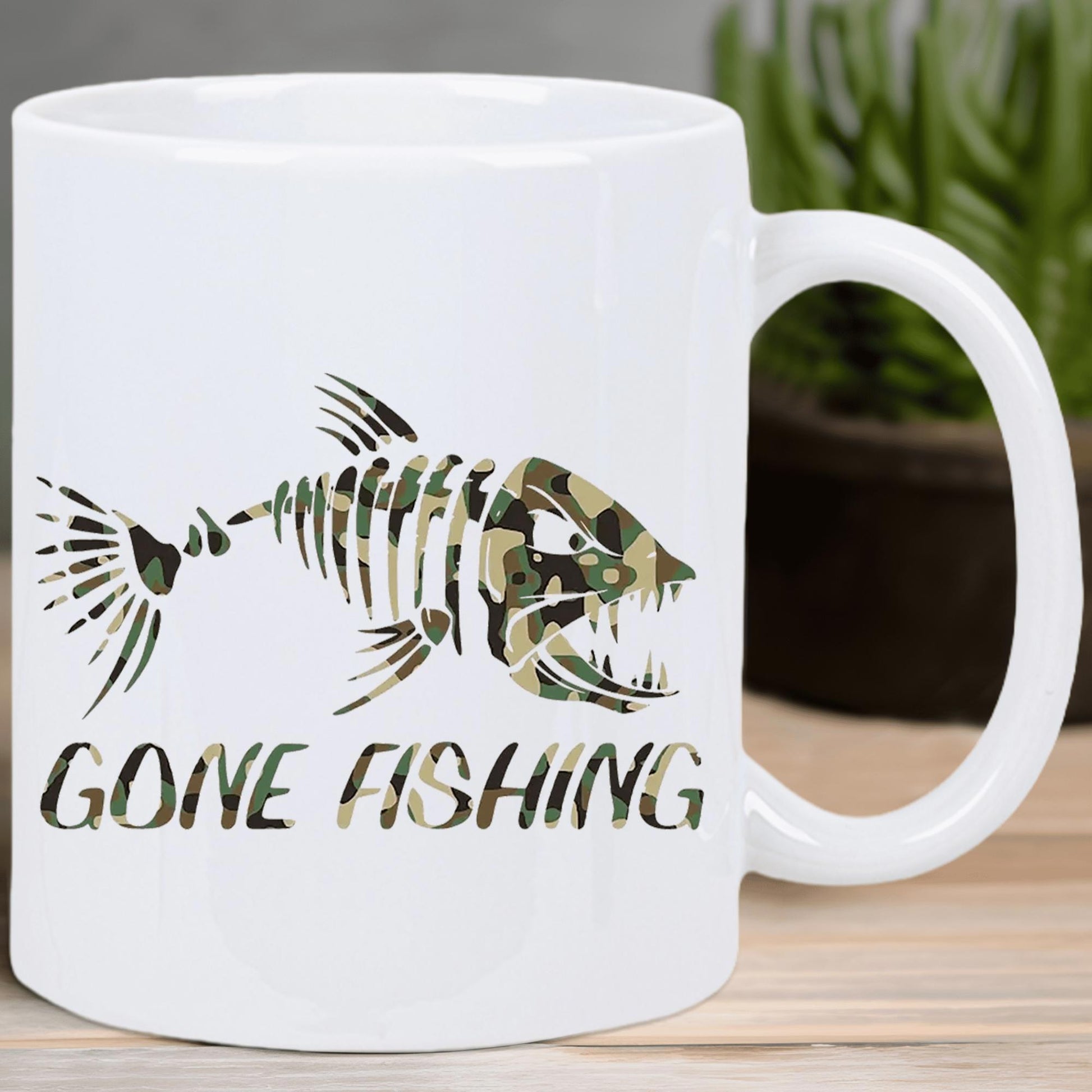 Tailorly White Ceramic 11 oz Mug - Gone Fishing Unique Camouflage Patterned Predatory Fish Skeleton With Sharp Teeth And Fins Fish