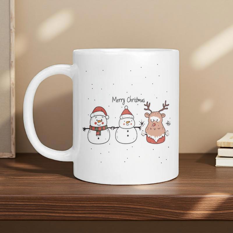 Tailorly White Ceramic 11 oz Mug - Merry Christmas Cute Cartoon Characters With Festive Holiday Scarves And Antlers Among Falling Snow Snowman