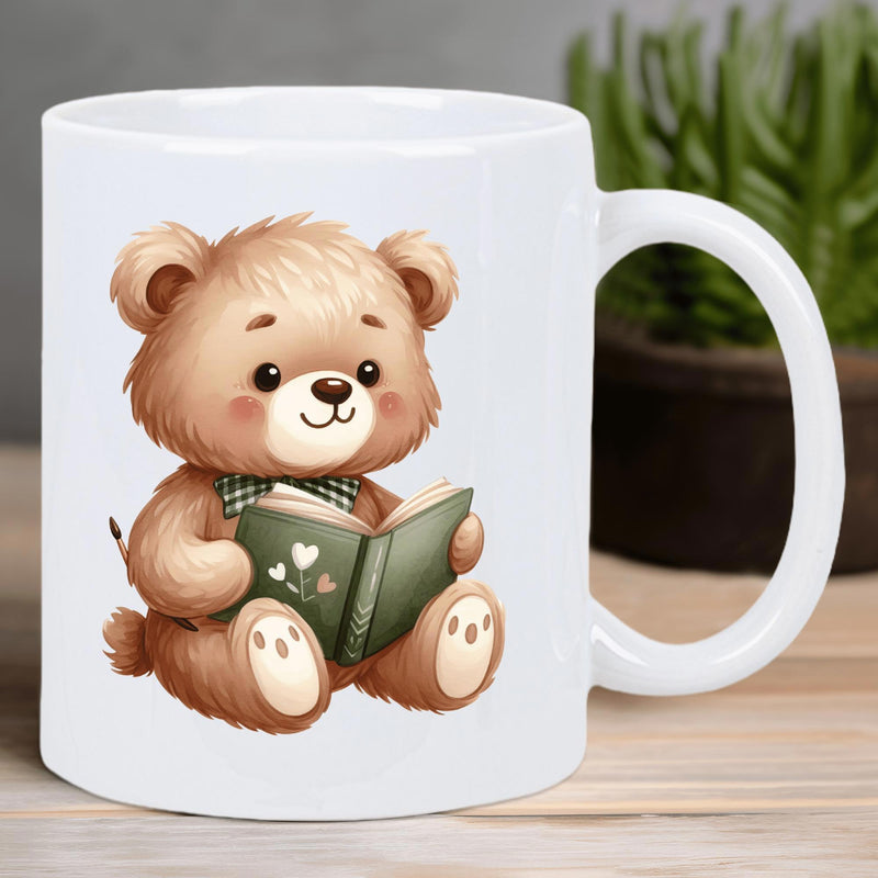 Tailorly White Ceramic 11 oz Mug - Small Adorable Brown Teddy Bear Reading A Green Patterned Paper Book Bear