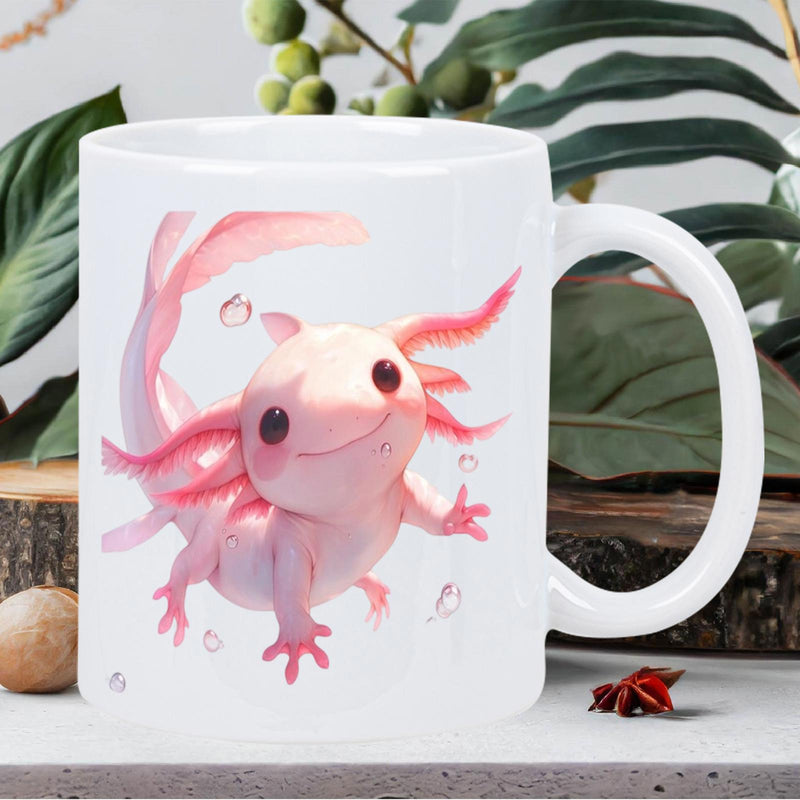 Tailorly White Ceramic 11 oz Mug - Adorable Pink Creature Swimming Gracefully With Tiny Bubbles In Deep Water Axolotl