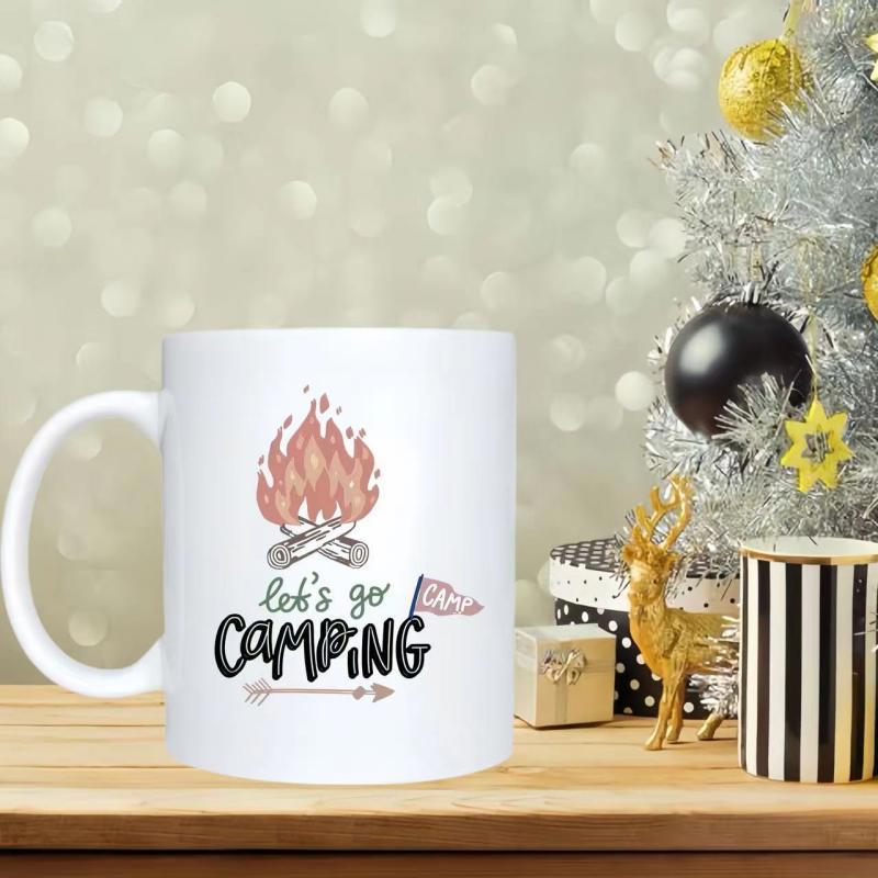 Tailorly White Ceramic 11 oz Mug - Let S Go Camping Artistic Burning Flames Over Crossed Logs With Tribal Arrow Campfire