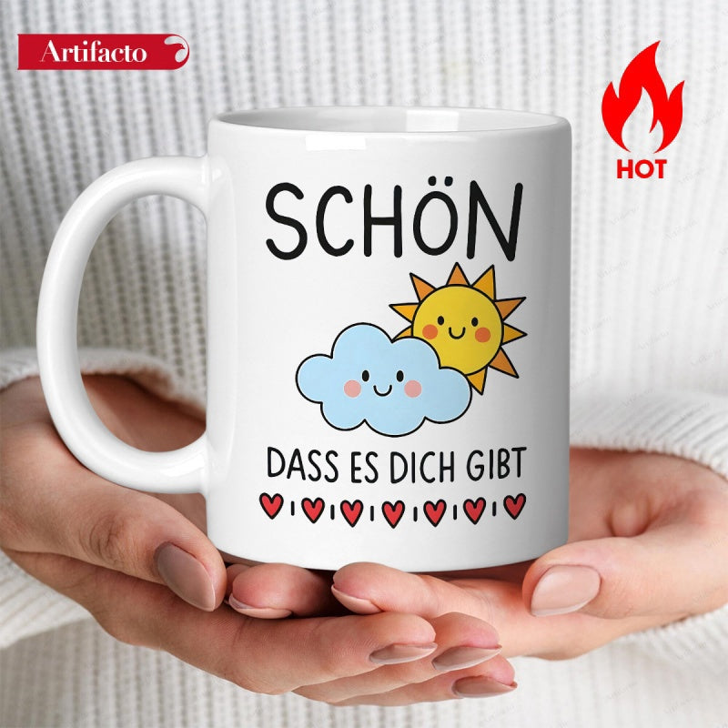 Tailorly White Ceramic 11 oz Mug - Smiling Bright Sun Behind A Tiny Cute Happy Blue Cloud Sun