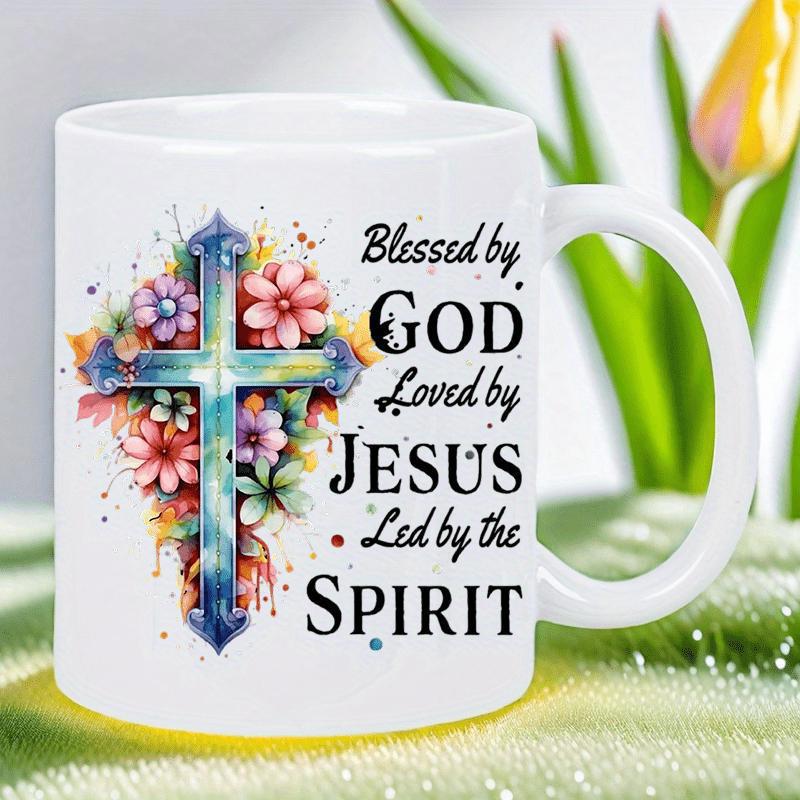 Tailorly White Ceramic 11 oz Mug - Blessed By God Loved By Jesus Led By The Spirit Ornate Blue Watercolor Cross Decorated With Vibrant Blooming Spring Garden