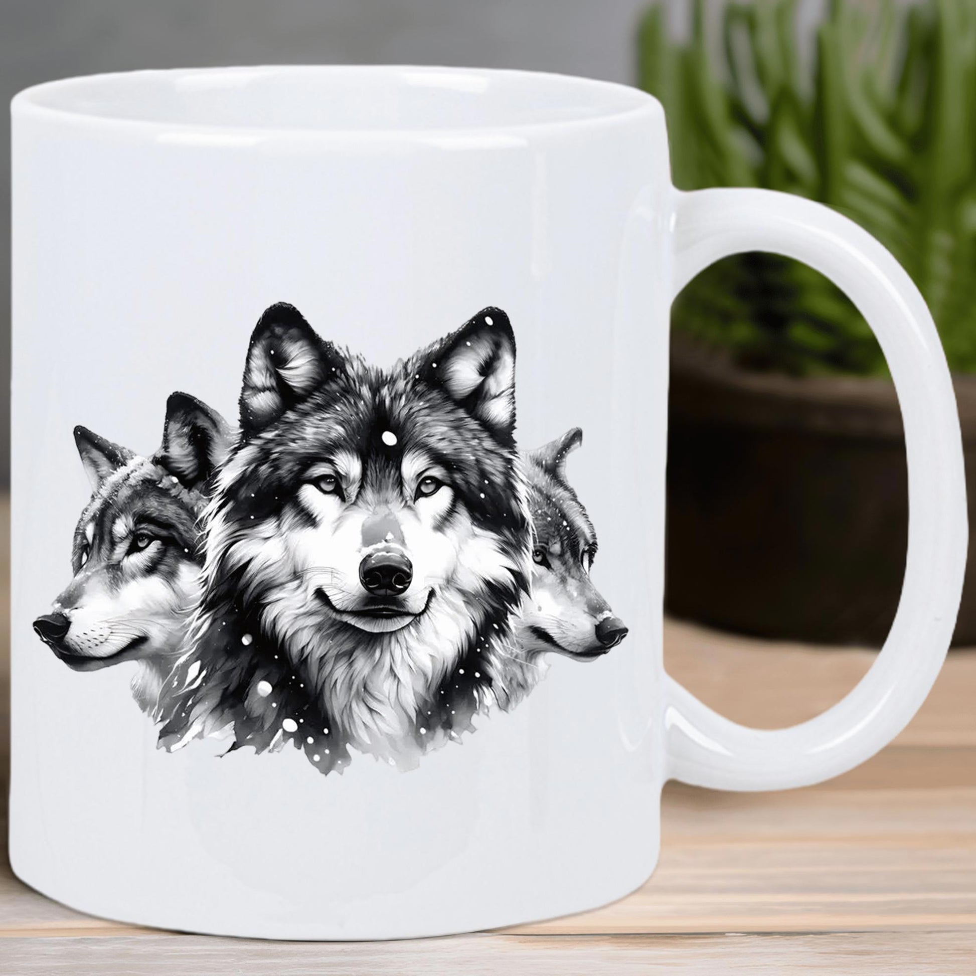 Tailorly White Ceramic 11 oz Mug - Realistic Monochrome Sketch Depicting Three Wild Wolves Staring With Intense Eyes Wolf