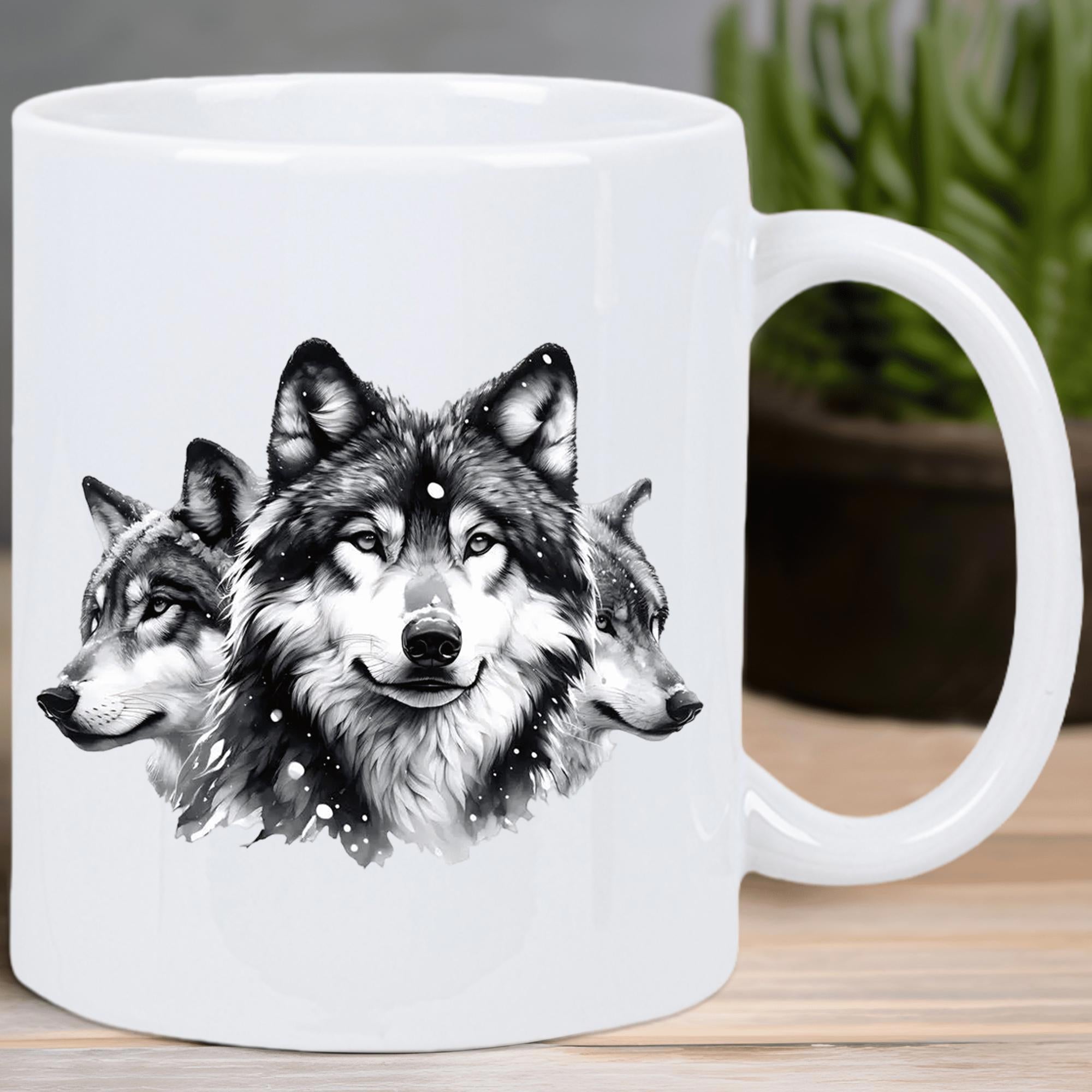 Tailorly White Ceramic 11 oz Mug - Realistic Monochrome Sketch Depicting Three Wild Wolves Staring With Intense Eyes Wolf