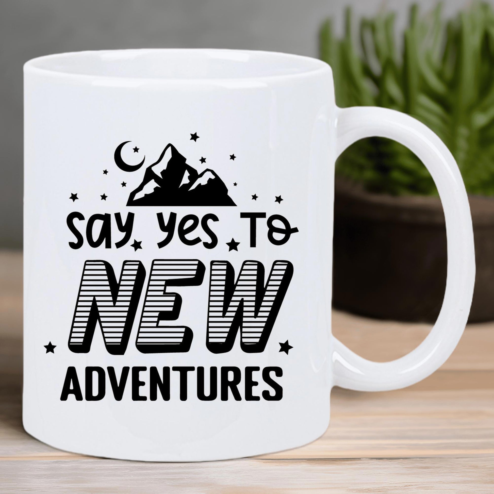 Tailorly White Ceramic 11 oz Mug - Say Yes To New Adventures Majestic Mountains Under A Crescent Moon Surrounded By Twinkling Night Stars Mountain