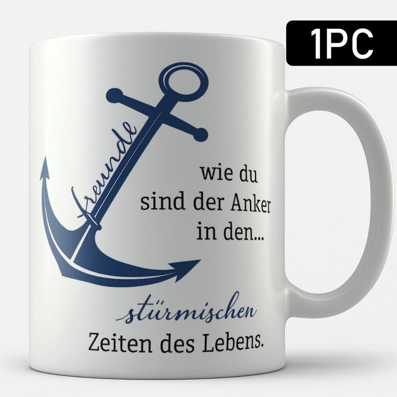Tailorly White Ceramic 11 oz Mug - Solid Navy Blue Nautical Heavy Iron Symbol Set Against White Background Anchor