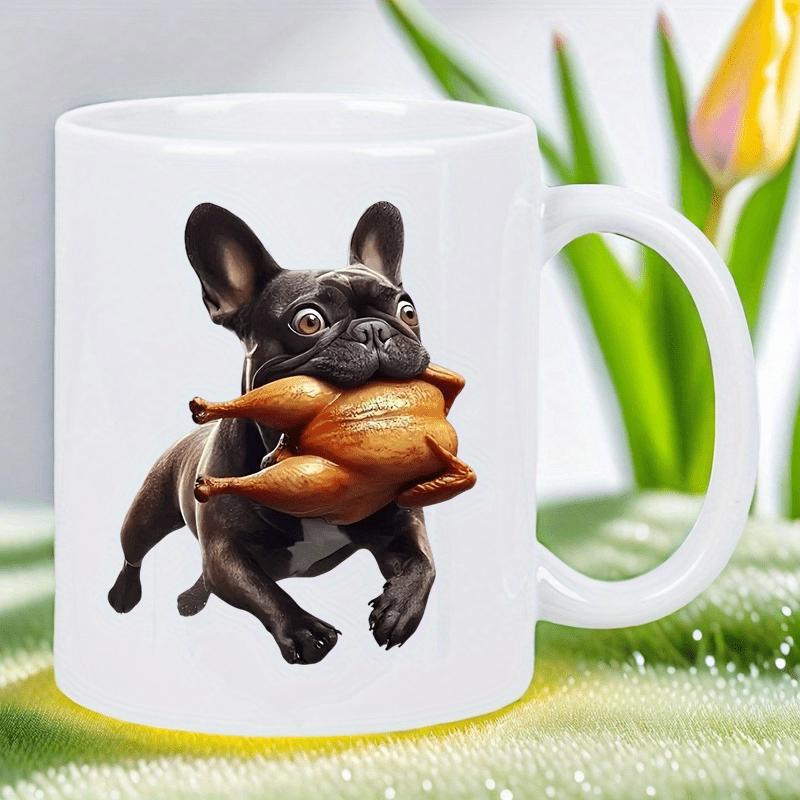 Tailorly White Ceramic 11 oz Mug - Energetic French Bulldog Running While Holding A Delicious Roasted Chicken Bulldog