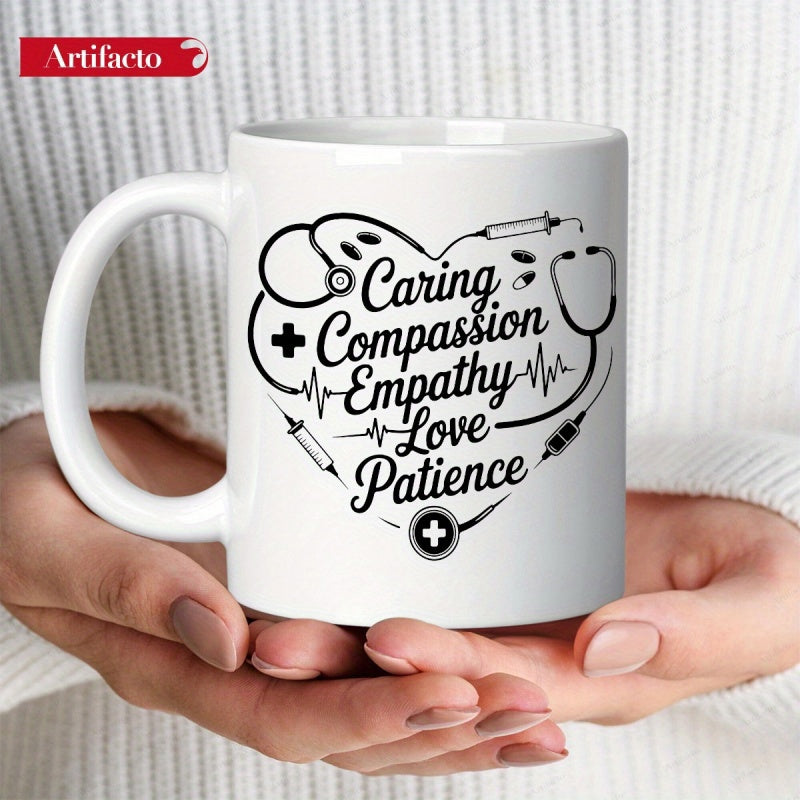 Tailorly White Ceramic 11 oz Mug - Caring Compassion Empathy Love Patience Medical Tools Forming A Shape With Stethoscope And Heartbeat Heart