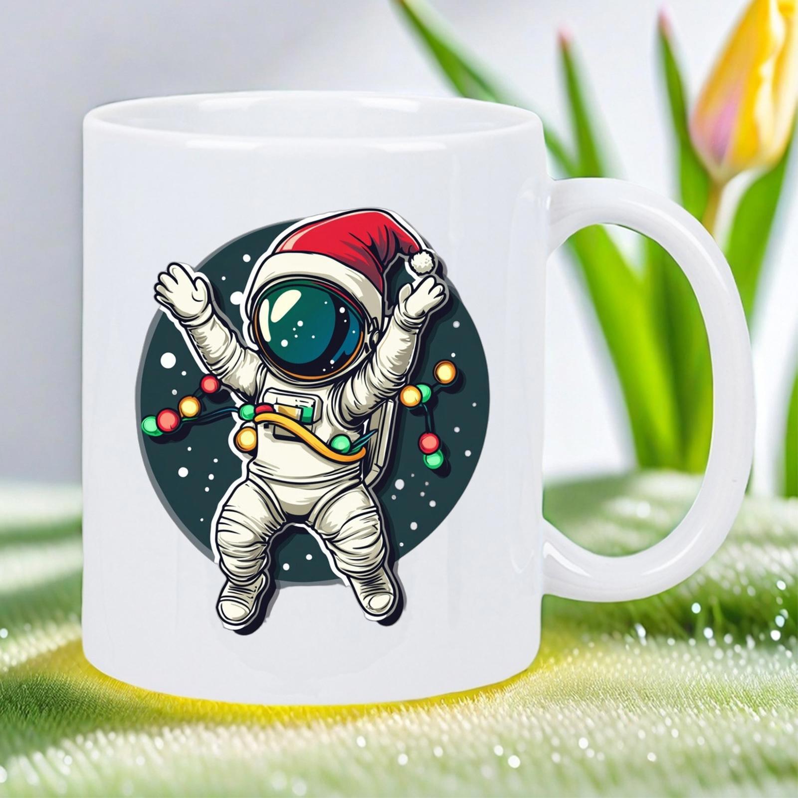 Tailorly White Ceramic 11 oz Mug - Cute Space Traveler Wearing Red Santa Hat Wrapped In Colorful Festive Lights Astronaut