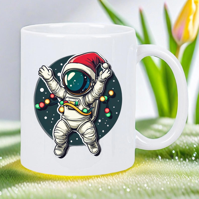 Tailorly White Ceramic 11 oz Mug - Cute Space Traveler Wearing Red Santa Hat Wrapped In Colorful Festive Lights Astronaut