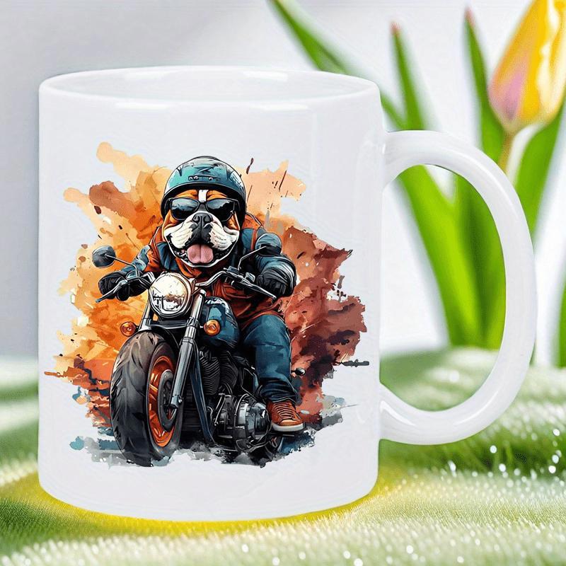 Tailorly White Ceramic 11 oz Mug - Cool Bulldog Wearing Helmet Riding Motorcycle Through Vibrant Watercolor Splashes Bulldog