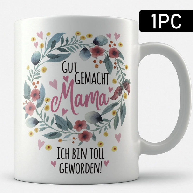 Tailorly White Ceramic 11 oz Mug - Delicate Watercolor Floral Leaves And Red Flowers Among Small Hearts Wreath