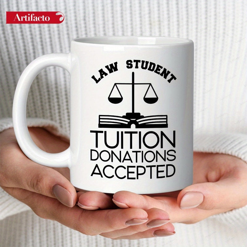 Tailorly White Ceramic 11 oz Mug - Law Student Tuition Donations Accepted Academic Open Volume With Legal Justice Balance Scales Under Classic Text Book