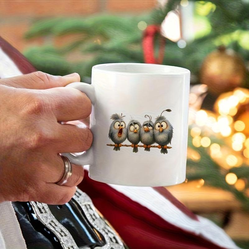 Tailorly White Ceramic 11 oz Mug - Whimsical Little Creatures Resting Comfortably Along A Small Wooden Branch Birds