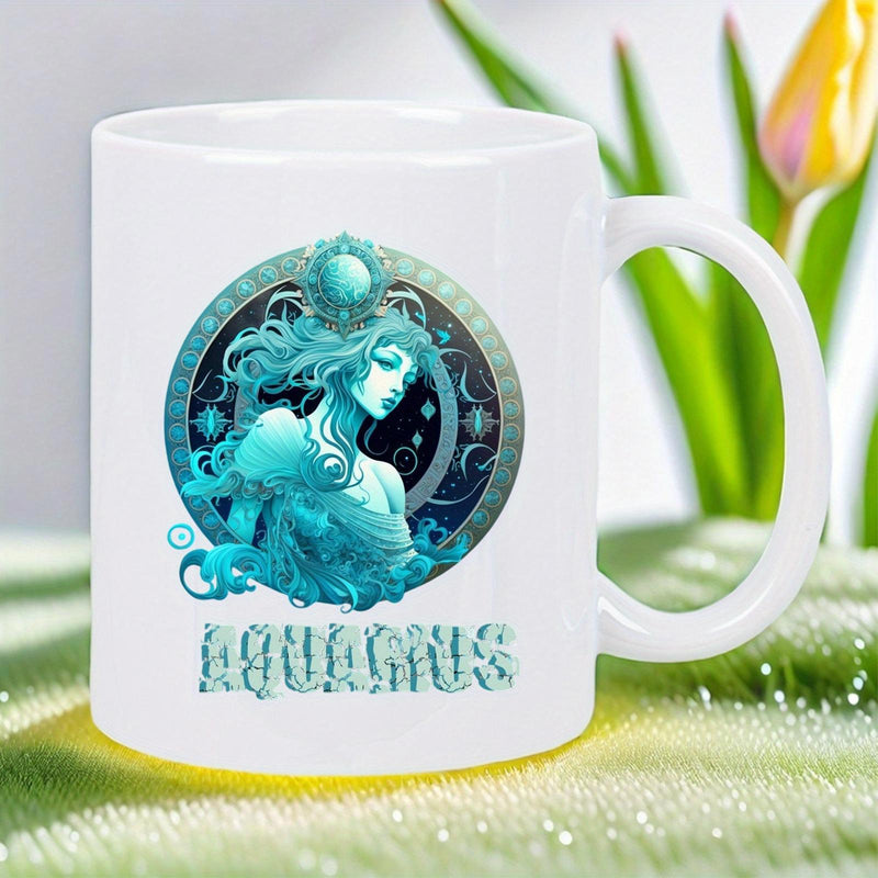 Tailorly White Ceramic 11 oz Mug - Aquarius Celestial Woman With Flowing Hair Amidst Mystical Waves And Circular Frame Aquarius