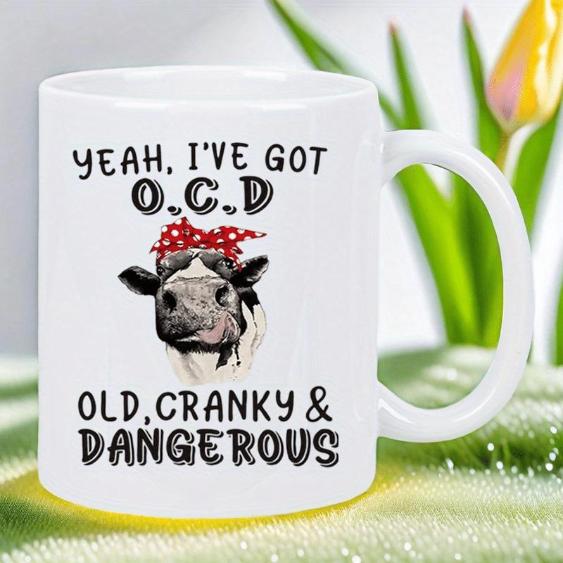 Tailorly White Ceramic 11 oz Mug - Yeah Ive Got O C D Old Cranky Dangerous Funny Farm Animal Wearing Sunglasses And A Red Polka Dot Bandana Cow