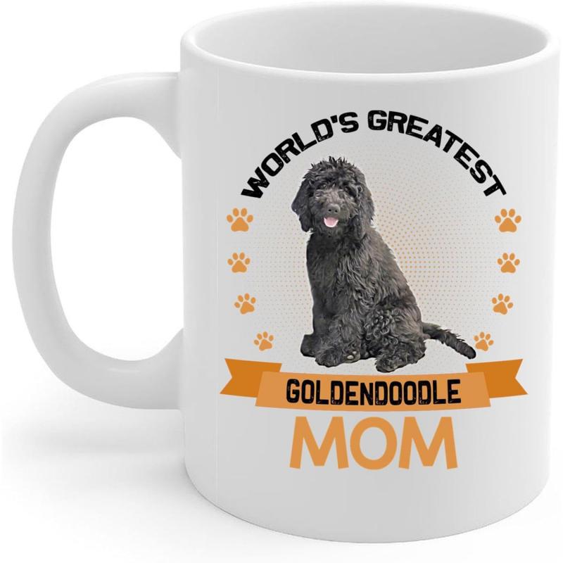 Tailorly White Ceramic 11 oz Mug - World's Greatest Goldendoodle Mom Cute Black Curly Furry Dog Sitting Among Orange Paw Prints Goldendoodle