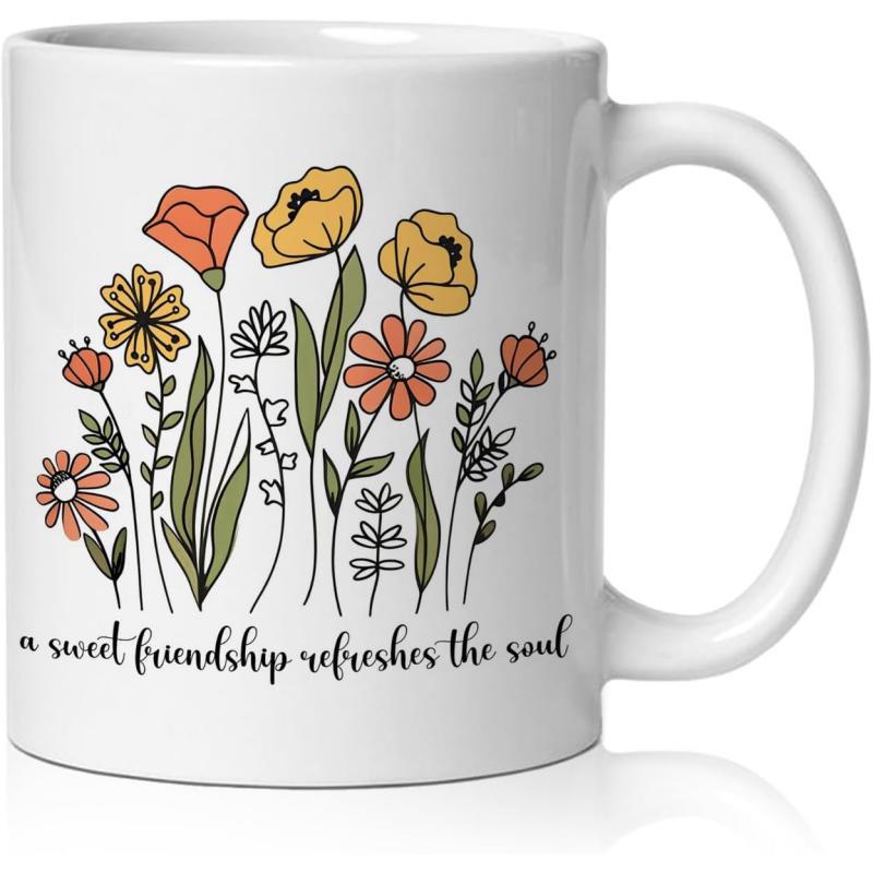 Tailorly White Ceramic 11 oz Mug - A Sweet Friendship Refreshes The Soul Hand Drawn Wildflowers Growing In A Vibrant Garden With Delicate Petals Flower